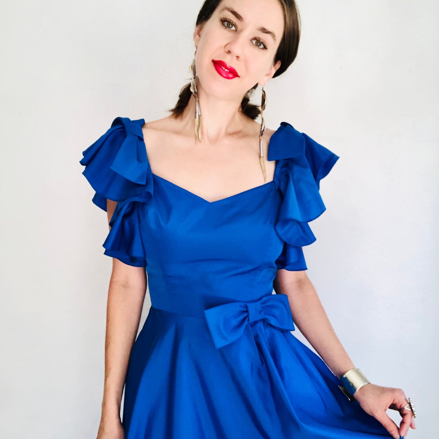 70'S VINTAGE BLUE RUFFLE MAXI DRESS // SIZE SMALL