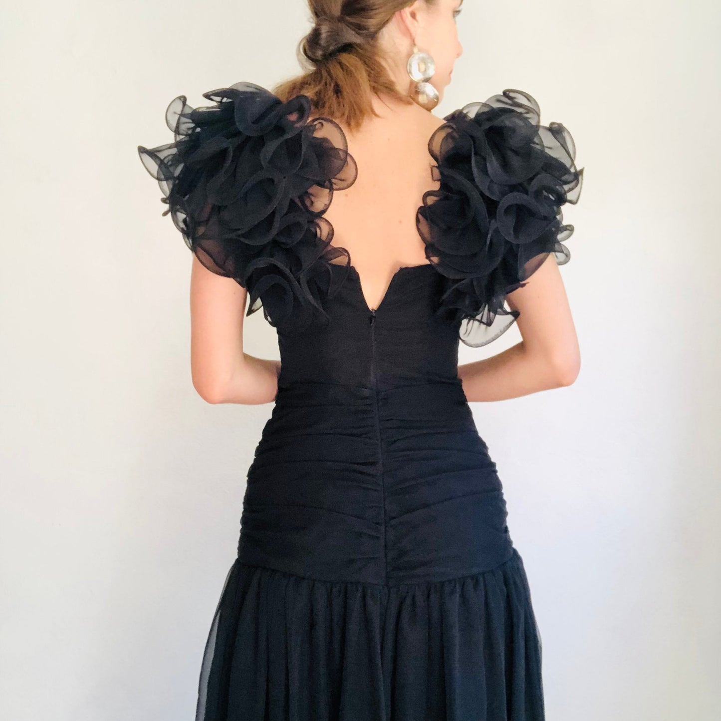 80'S VINTAGE BLACK CHIFFON RUFFLE SLEEVE DRESS // SIZE XSMALL