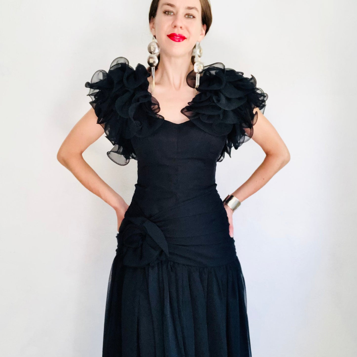 80'S VINTAGE BLACK CHIFFON RUFFLE SLEEVE DRESS // SIZE XSMALL
