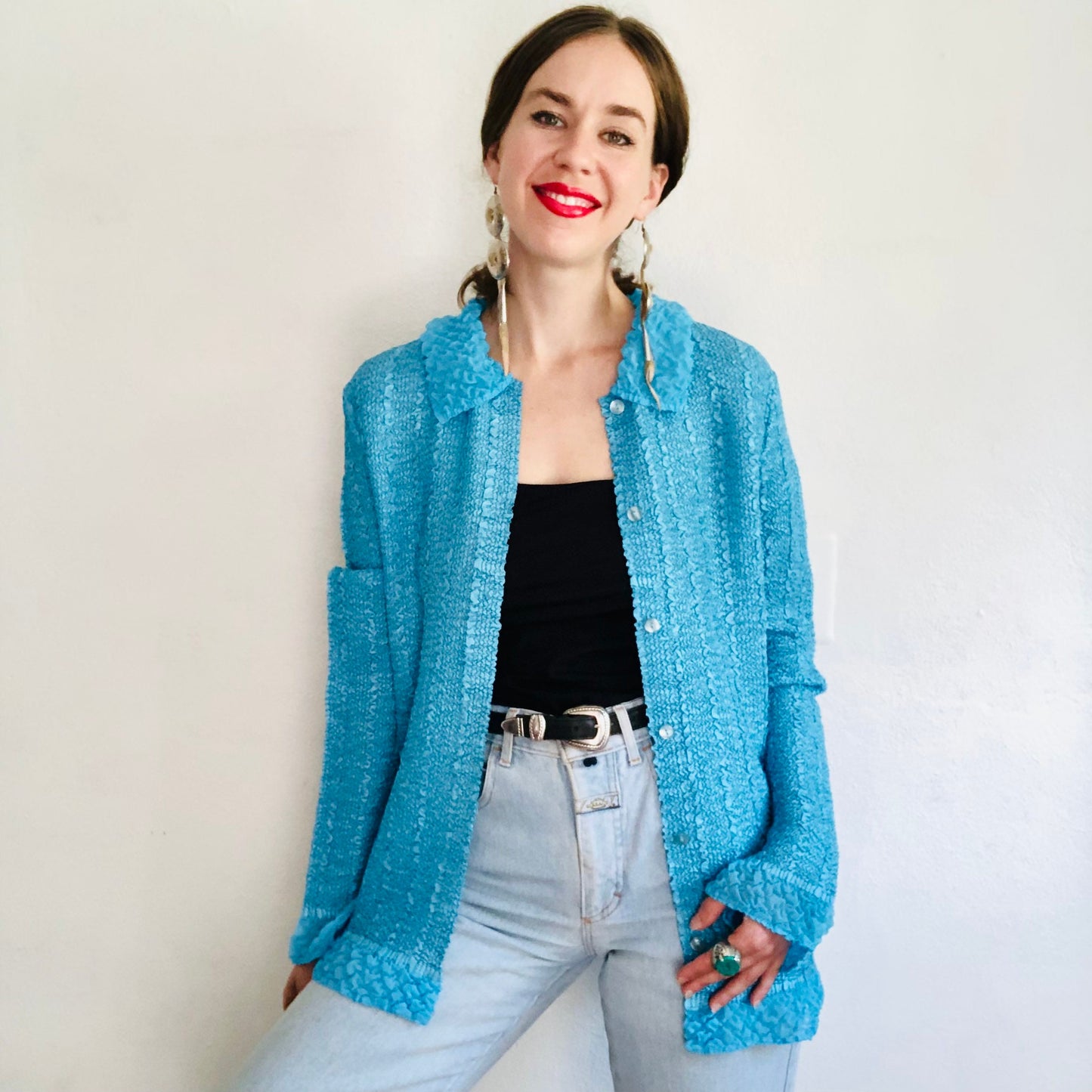 90'S VINTAGE TURQUOISE CRINKLY JACKET BLOUSE // SIZE LARGE