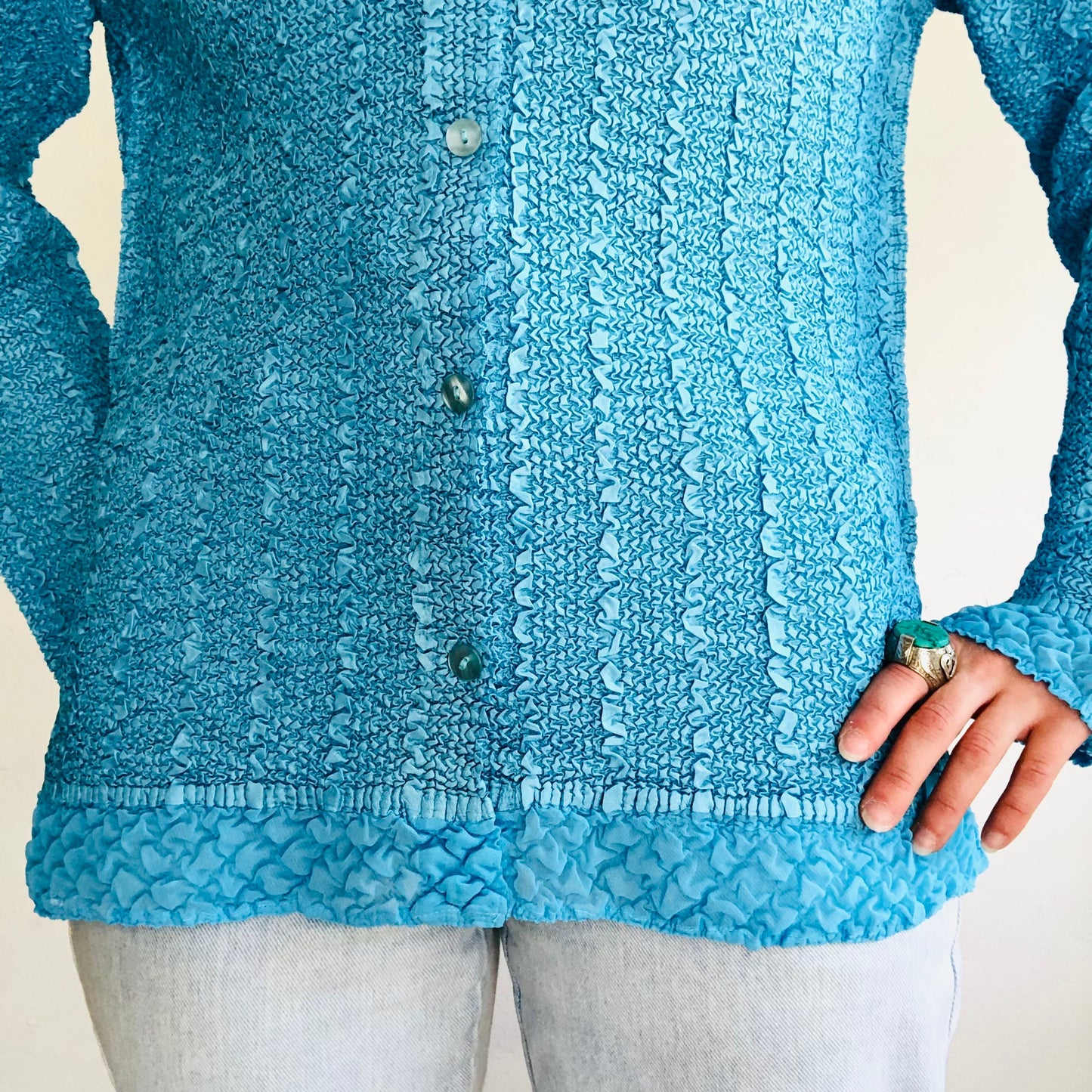 90'S VINTAGE TURQUOISE CRINKLY JACKET BLOUSE // SIZE LARGE