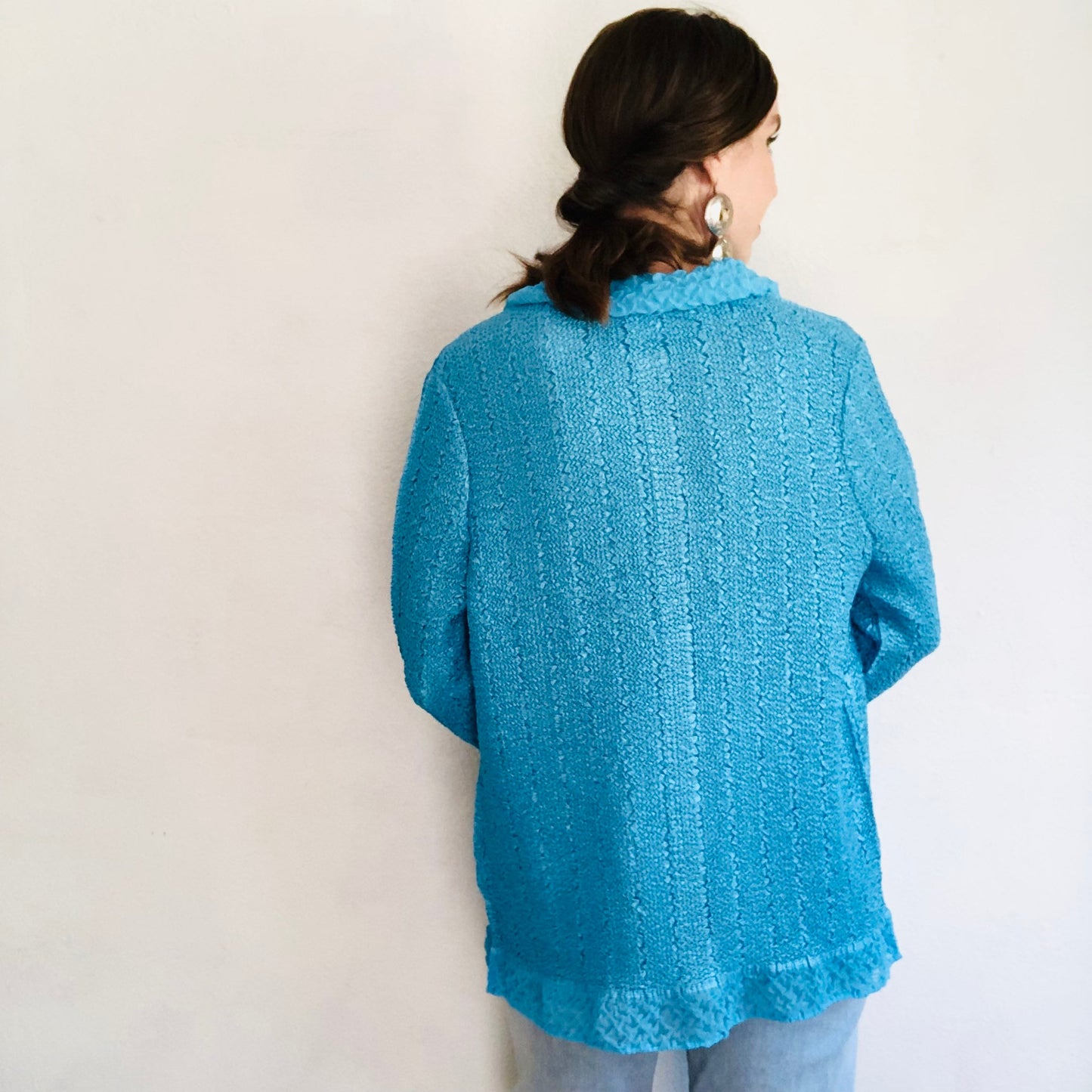 90'S VINTAGE TURQUOISE CRINKLY JACKET BLOUSE // SIZE LARGE