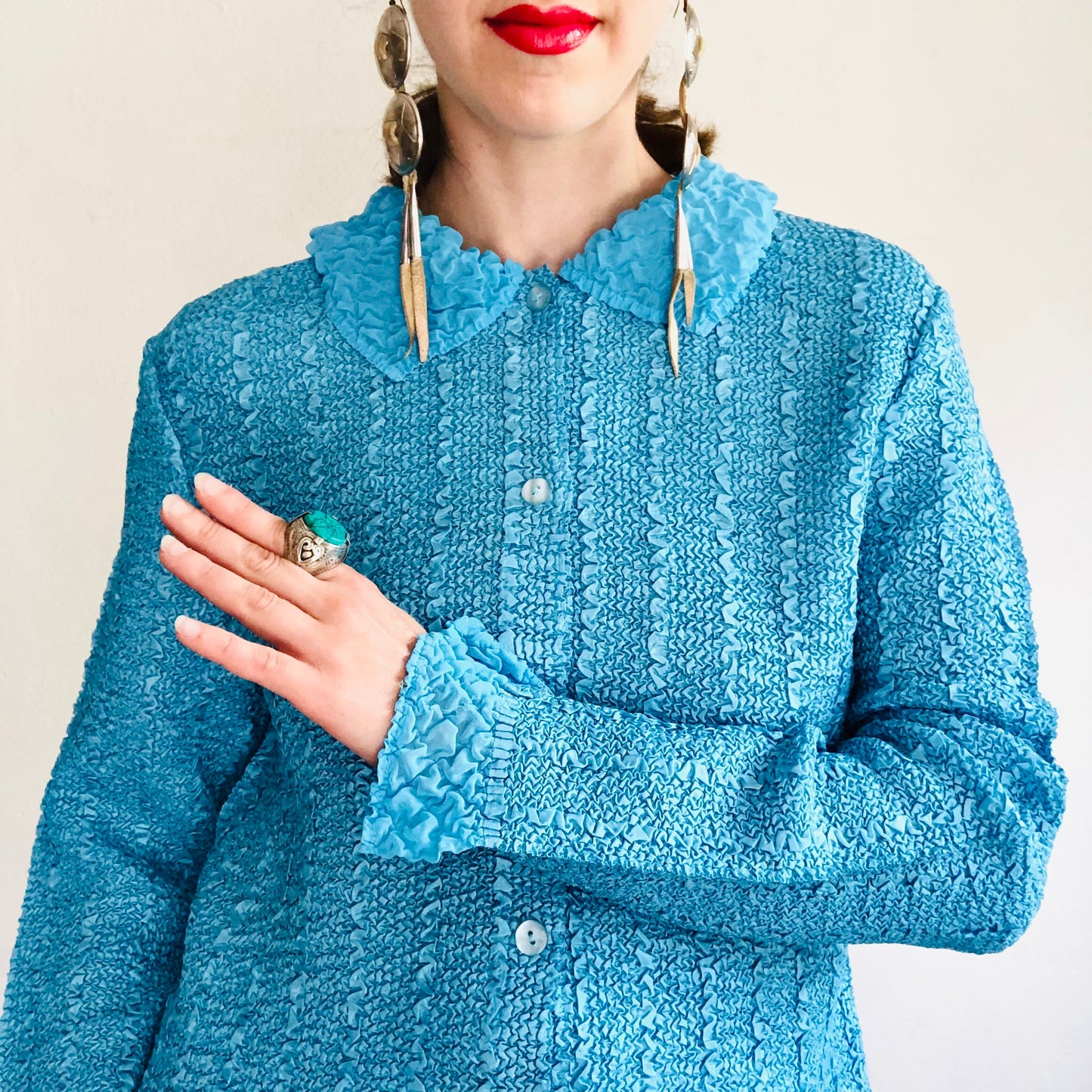 90'S VINTAGE TURQUOISE CRINKLY JACKET BLOUSE // SIZE LARGE