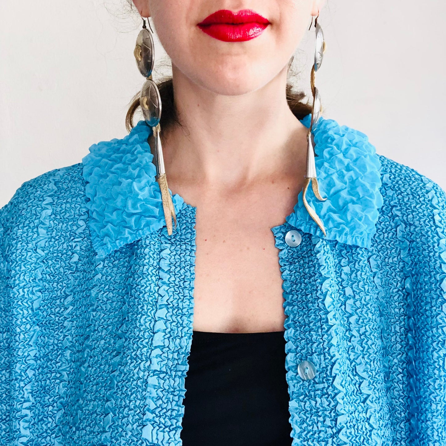 90'S VINTAGE TURQUOISE CRINKLY JACKET BLOUSE // SIZE LARGE