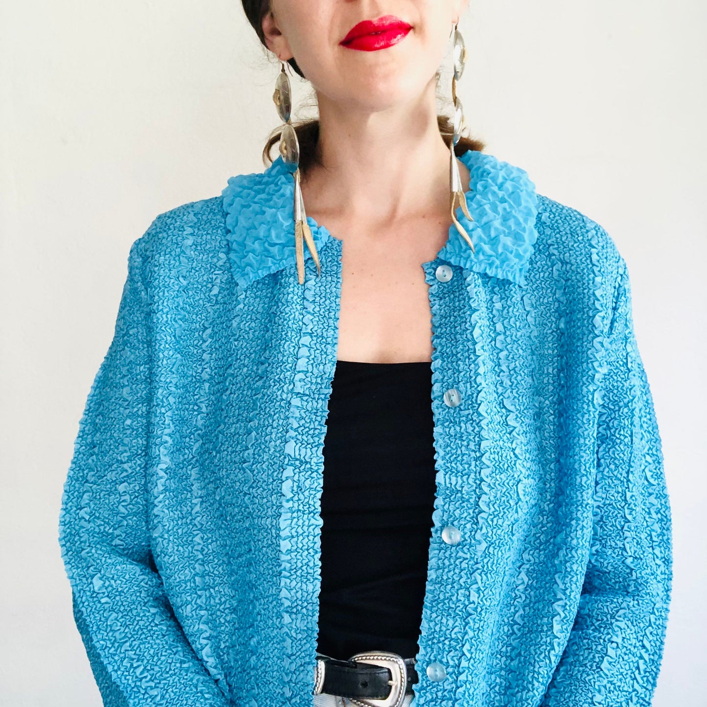 90'S VINTAGE TURQUOISE CRINKLY JACKET BLOUSE // SIZE LARGE