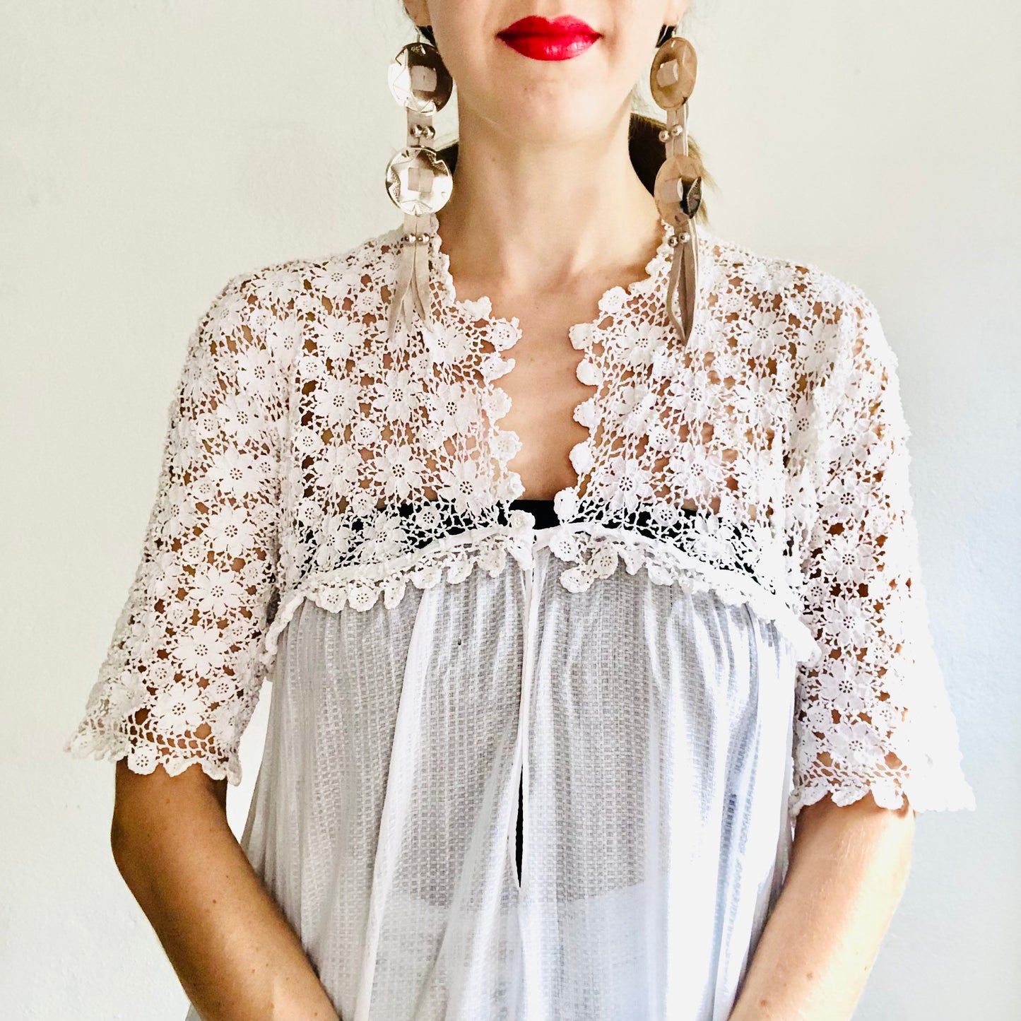 30'S VINTAGE WHITE CROCHET LINGERIE DRESS // SIZE MEDIUM