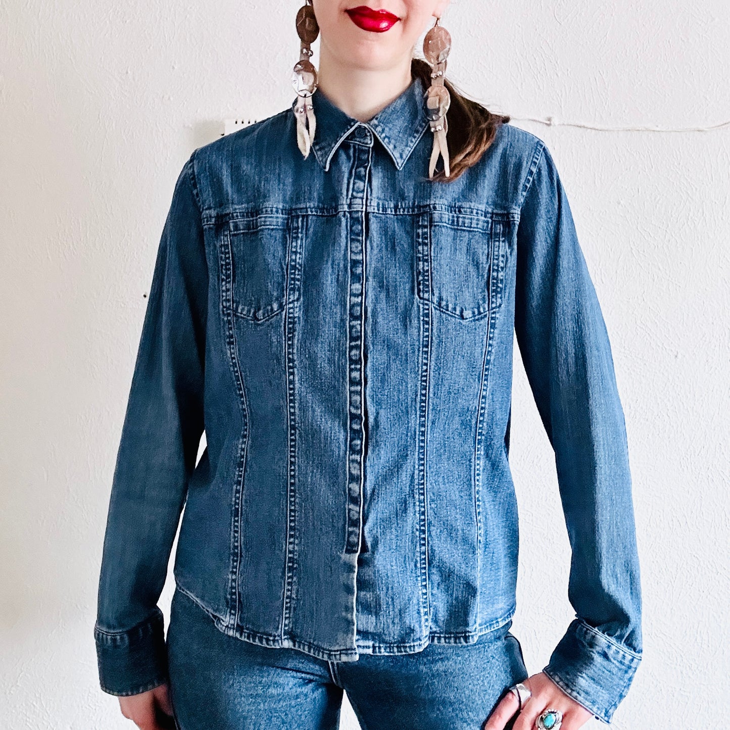 Y2K VTG DENIM LONG SLEEVE BLOUSE // SIZE LARGE