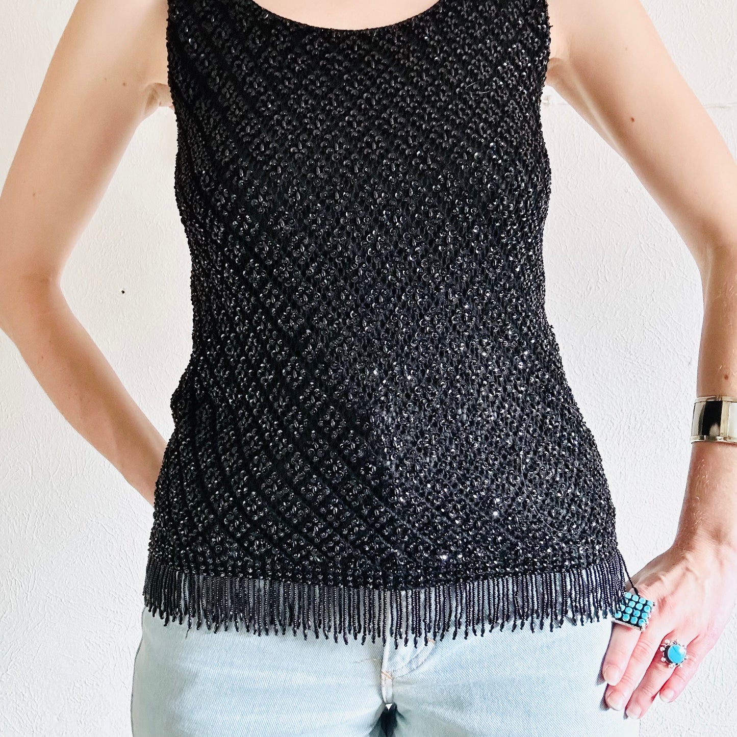 60s VINTAGE BLACK SEQUINED TOP // SIZE MEDIUM