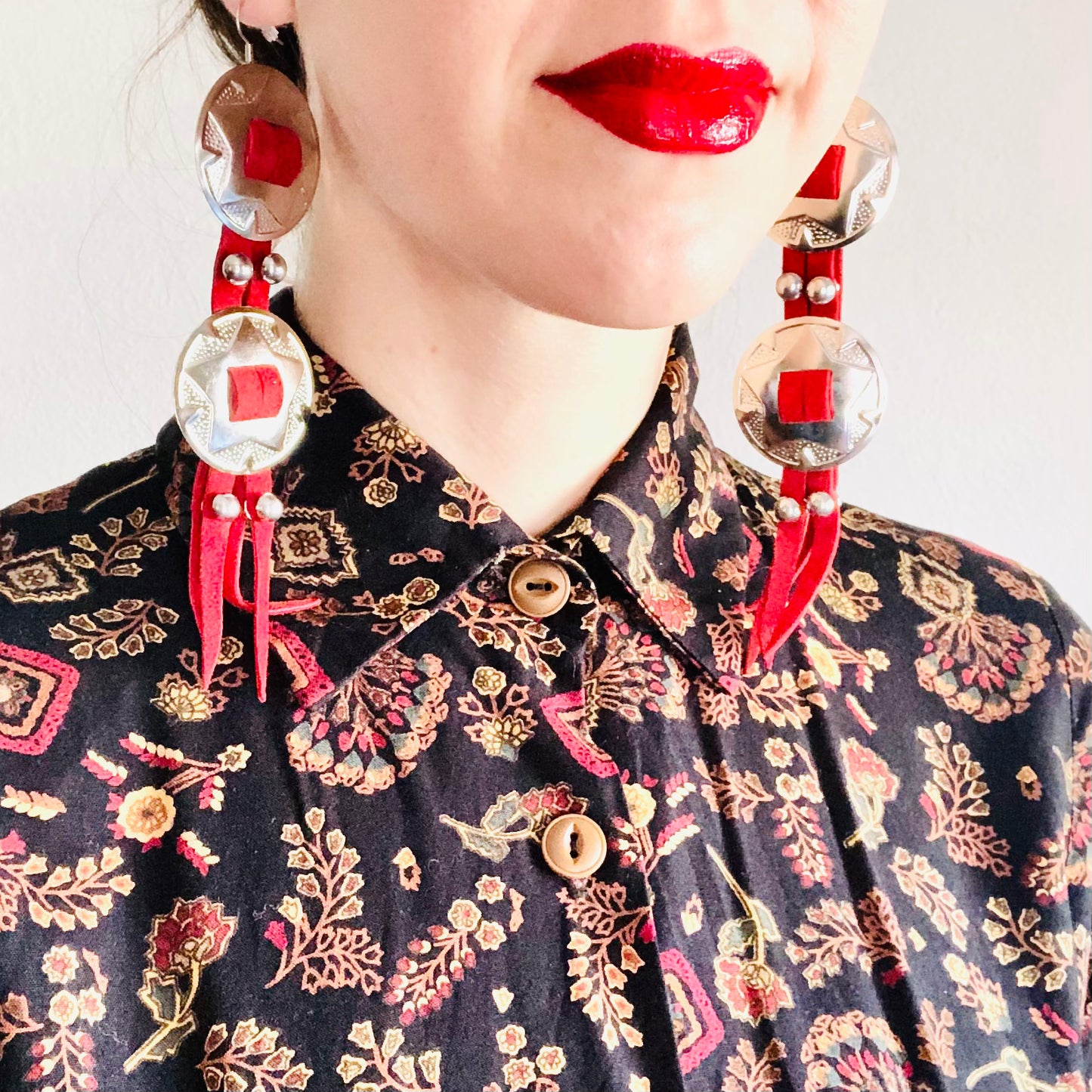 SDCV ORIGINAL HANDCRAFTED LARGE CONCHO EARRINGS // RED