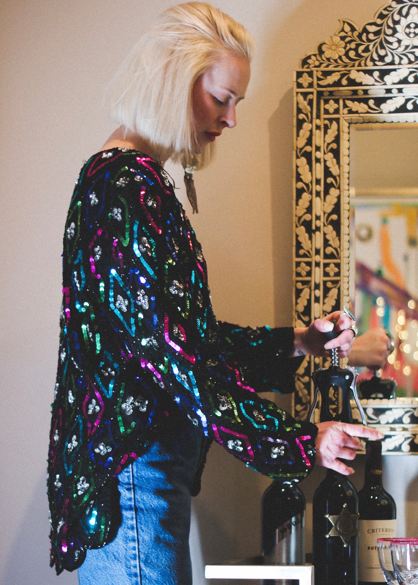 80’S VINTAGE BLACK SILK SEQUINED BLOUSE // SIZE LARGE