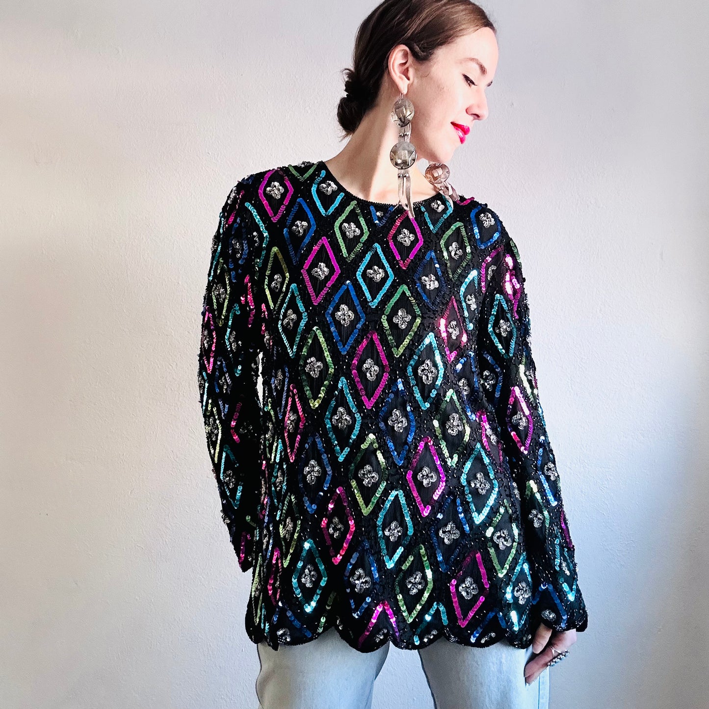 80’S VINTAGE BLACK SILK SEQUINED BLOUSE // SIZE LARGE