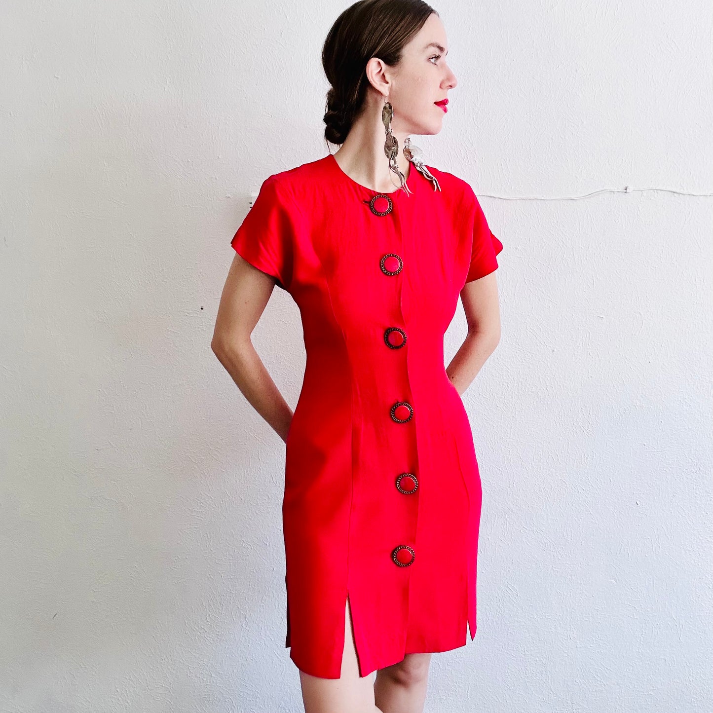 80'S VINTAGE RED BUTTON DOWN DRESS // SIZE SMALL