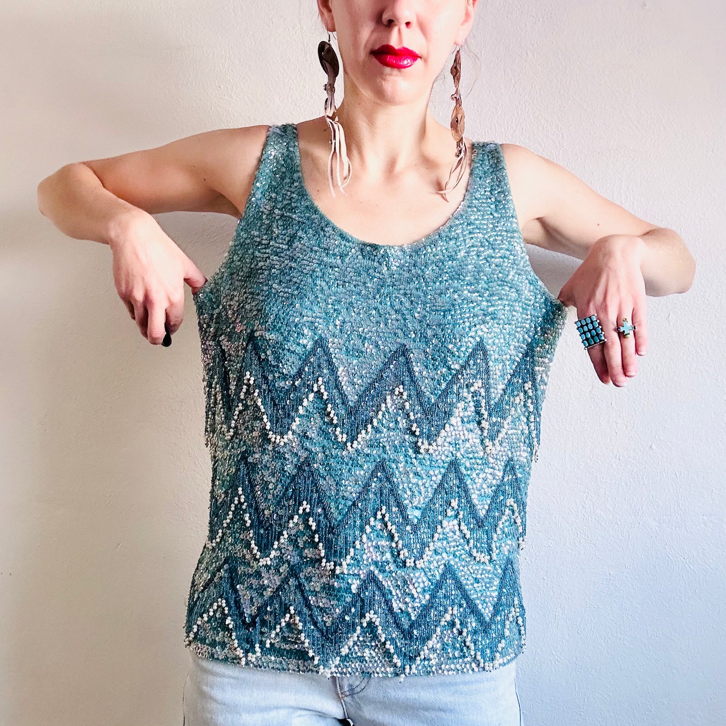 60s VINTAGE TURQUOISE SEQUINED TOP // SIZE MEDIUM