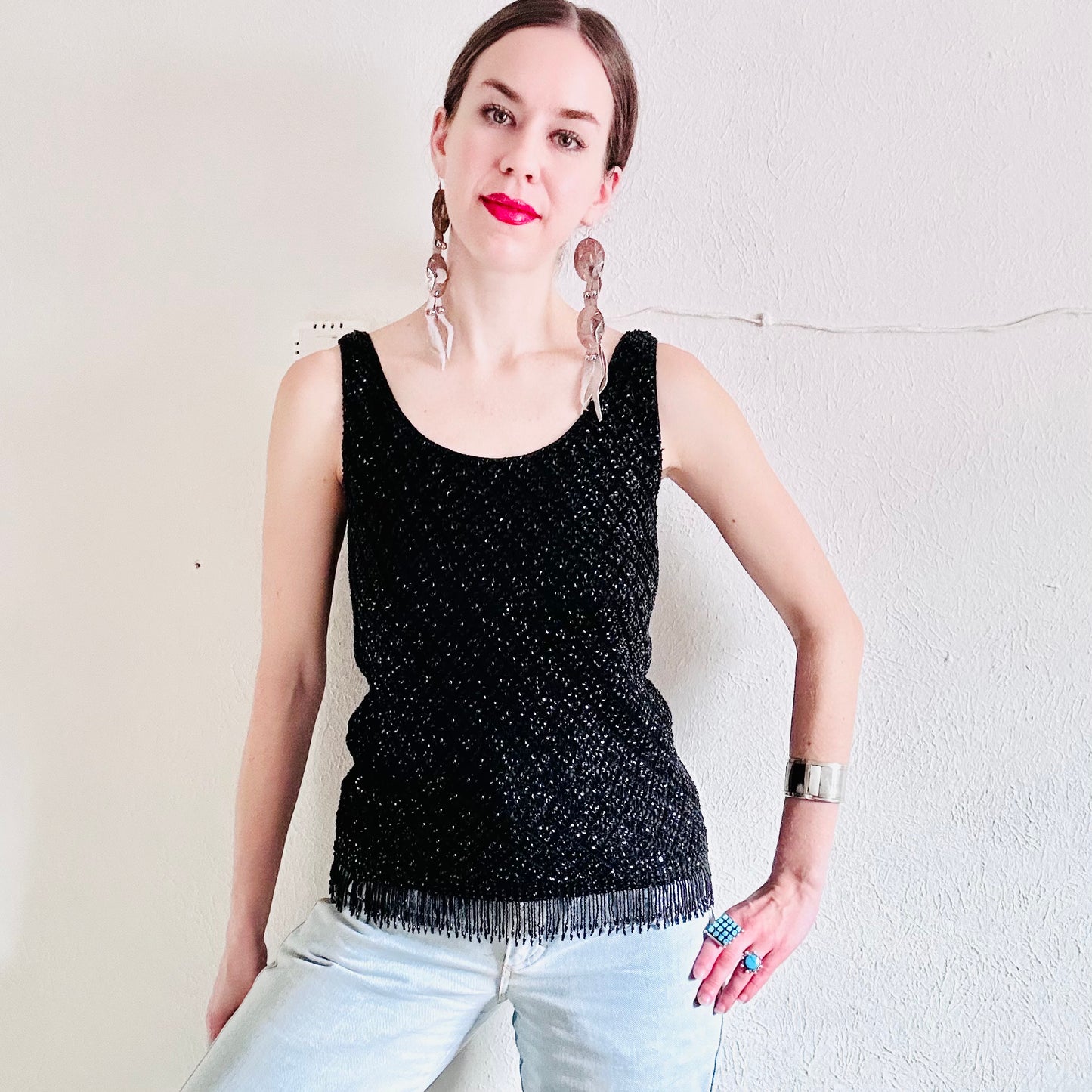60s VINTAGE BLACK SEQUINED TOP // SIZE MEDIUM