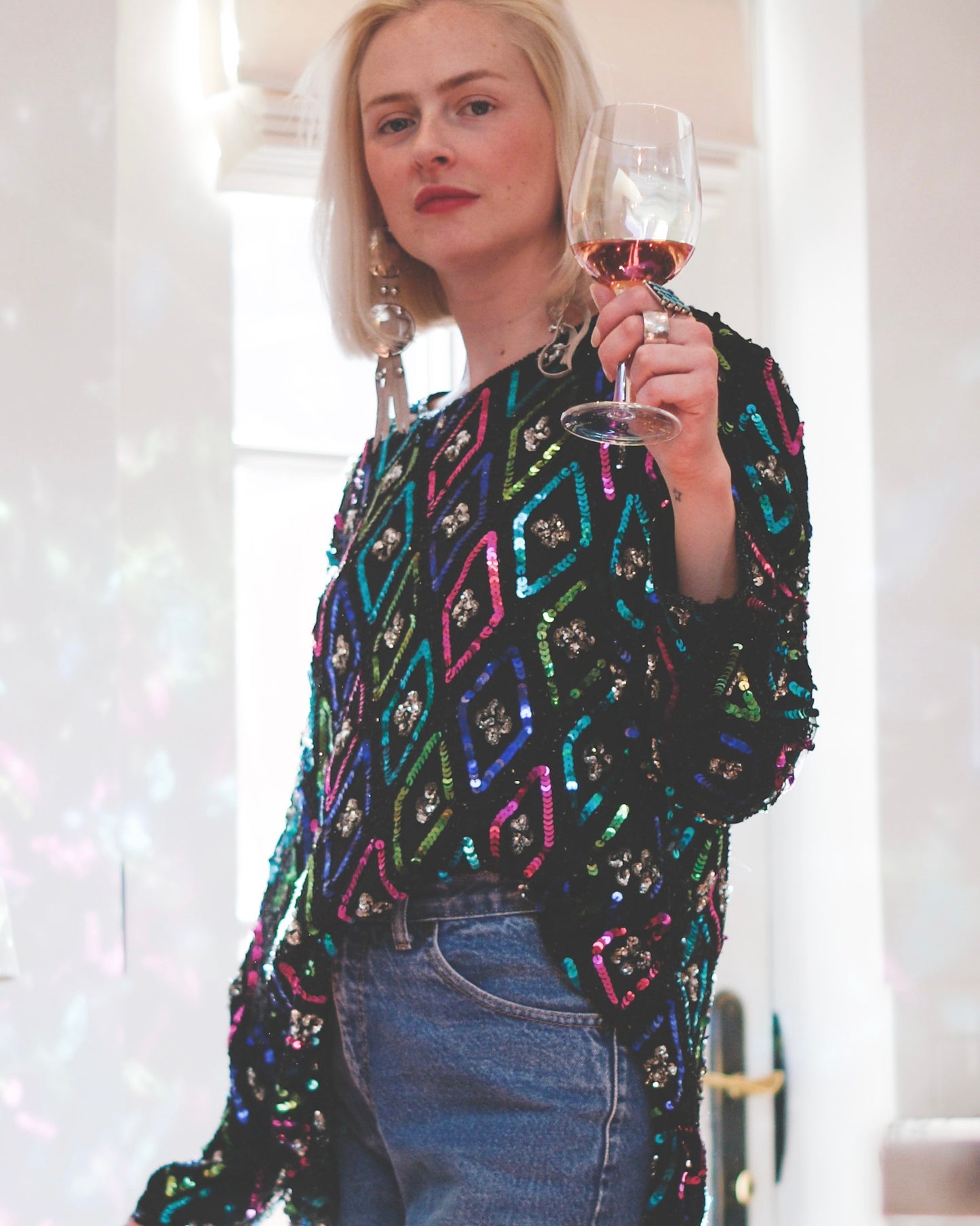 80’S VINTAGE BLACK SILK SEQUINED BLOUSE // SIZE LARGE