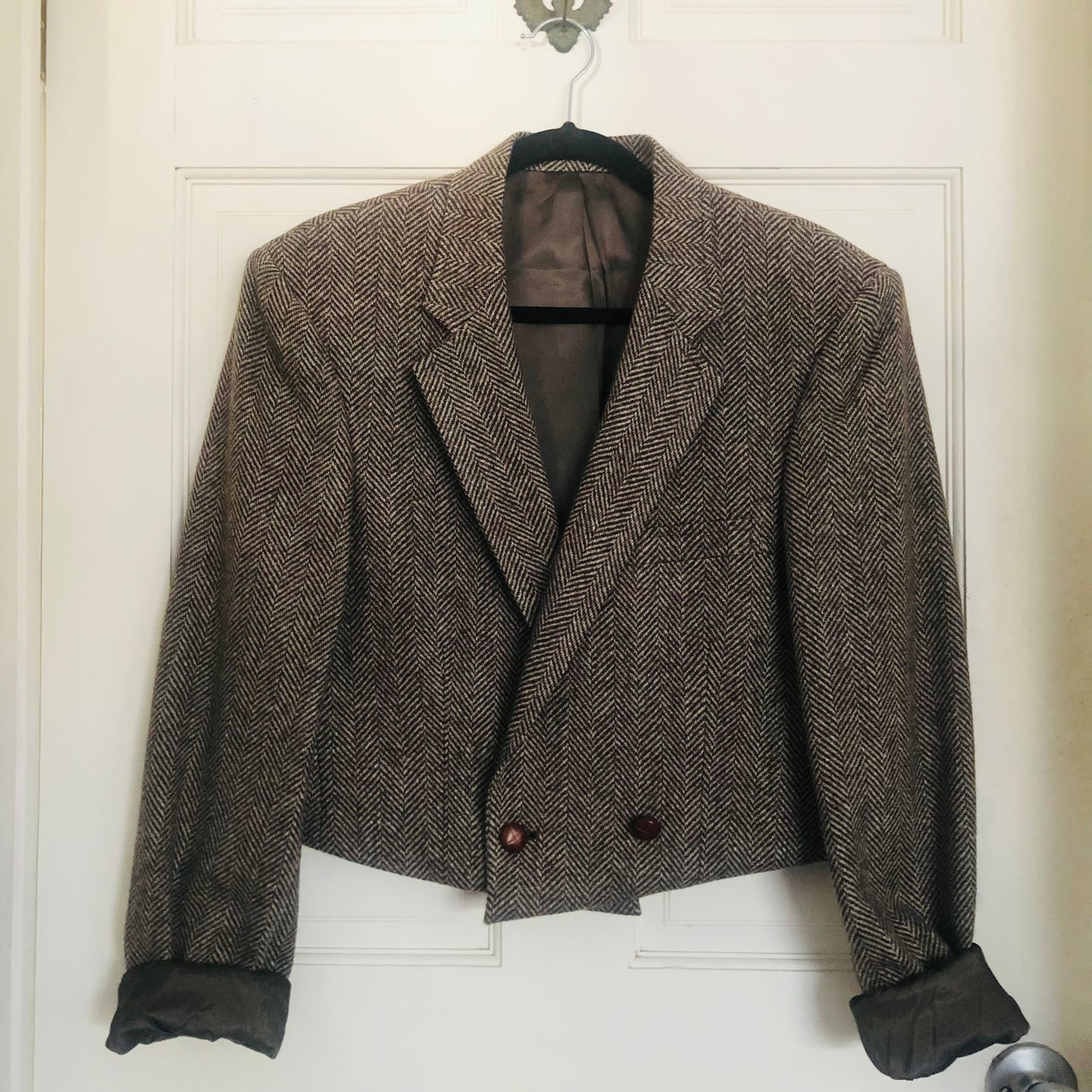 SDCV ORIGINAL WOOL BROWN HERRINGBONE CROPPED JACKET // SIZE MEDIUM/LARGE