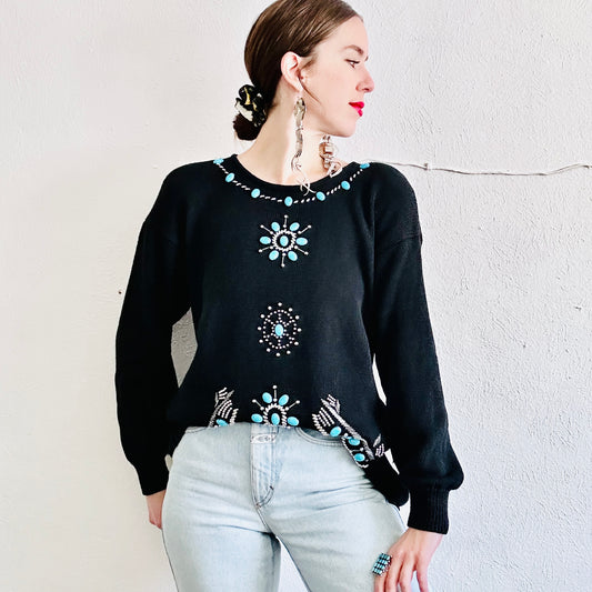 80'S VINTAGE SOUTHWESTERN BEADED SWEATER // SIZE MEDIUM