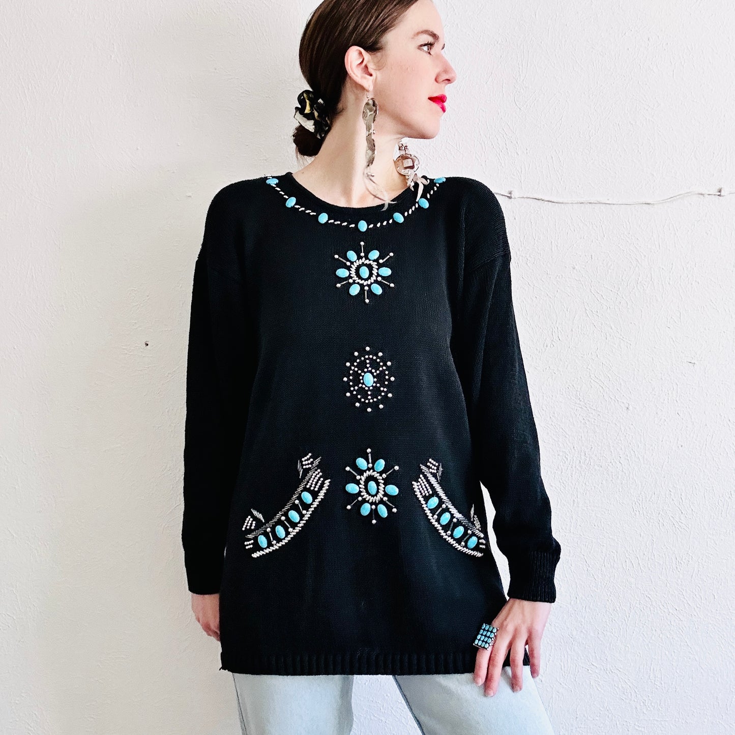 80'S VINTAGE SOUTHWESTERN BEADED SWEATER // SIZE MEDIUM