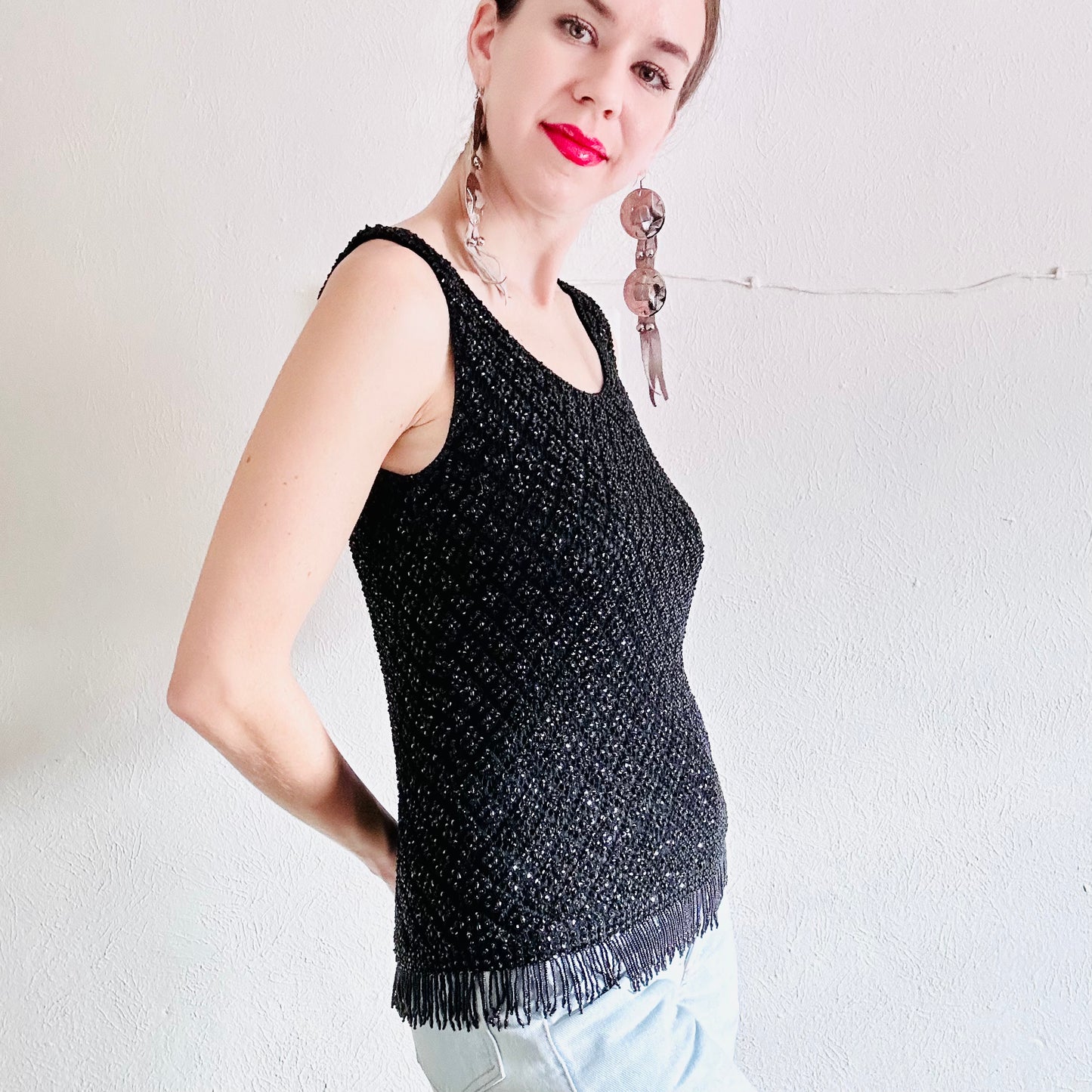 60s VINTAGE BLACK SEQUINED TOP // SIZE MEDIUM