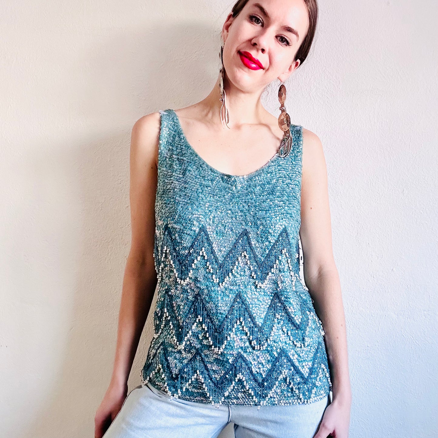 60s VINTAGE TURQUOISE SEQUINED TOP // SIZE MEDIUM