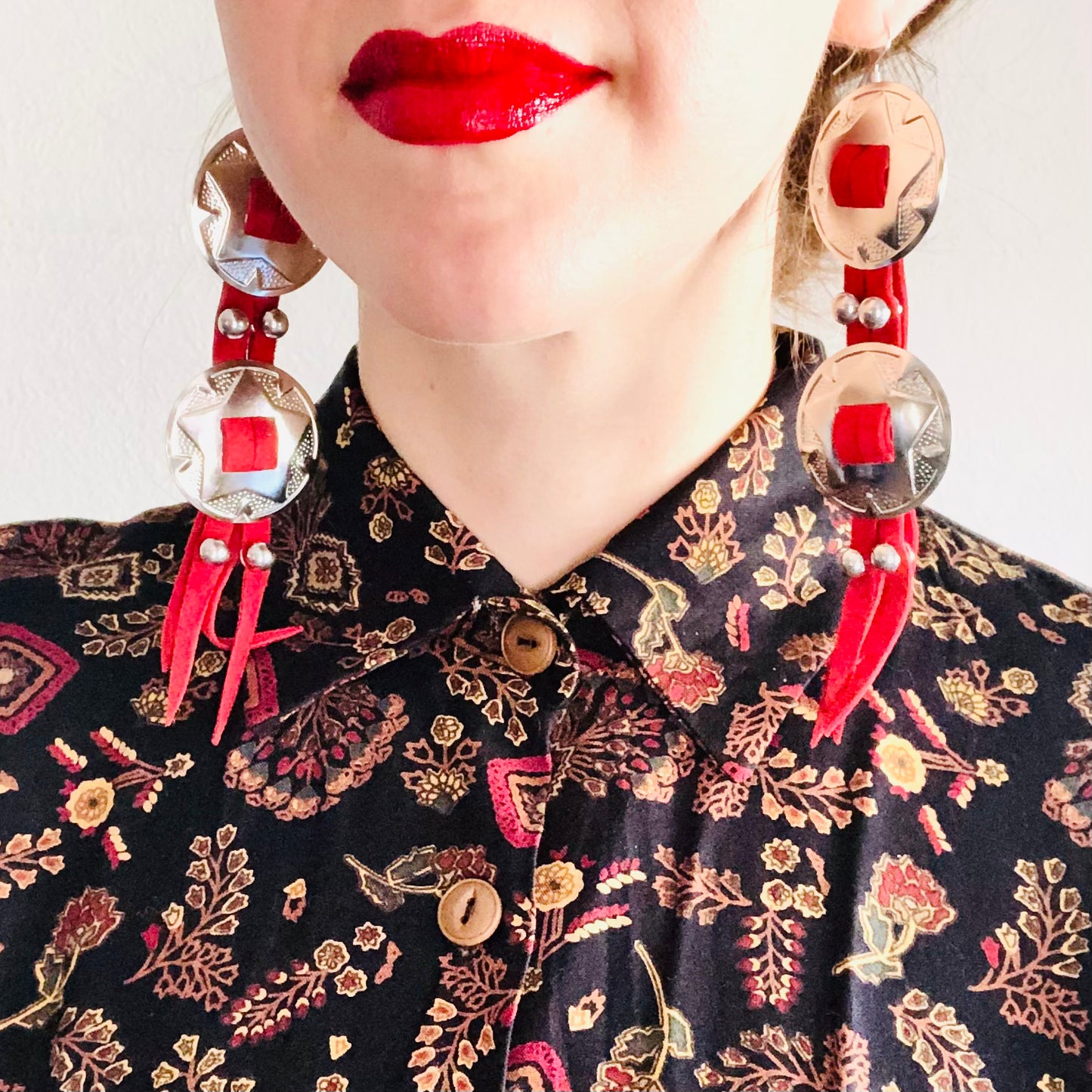 SDCV ORIGINAL HANDCRAFTED LARGE CONCHO EARRINGS // RED