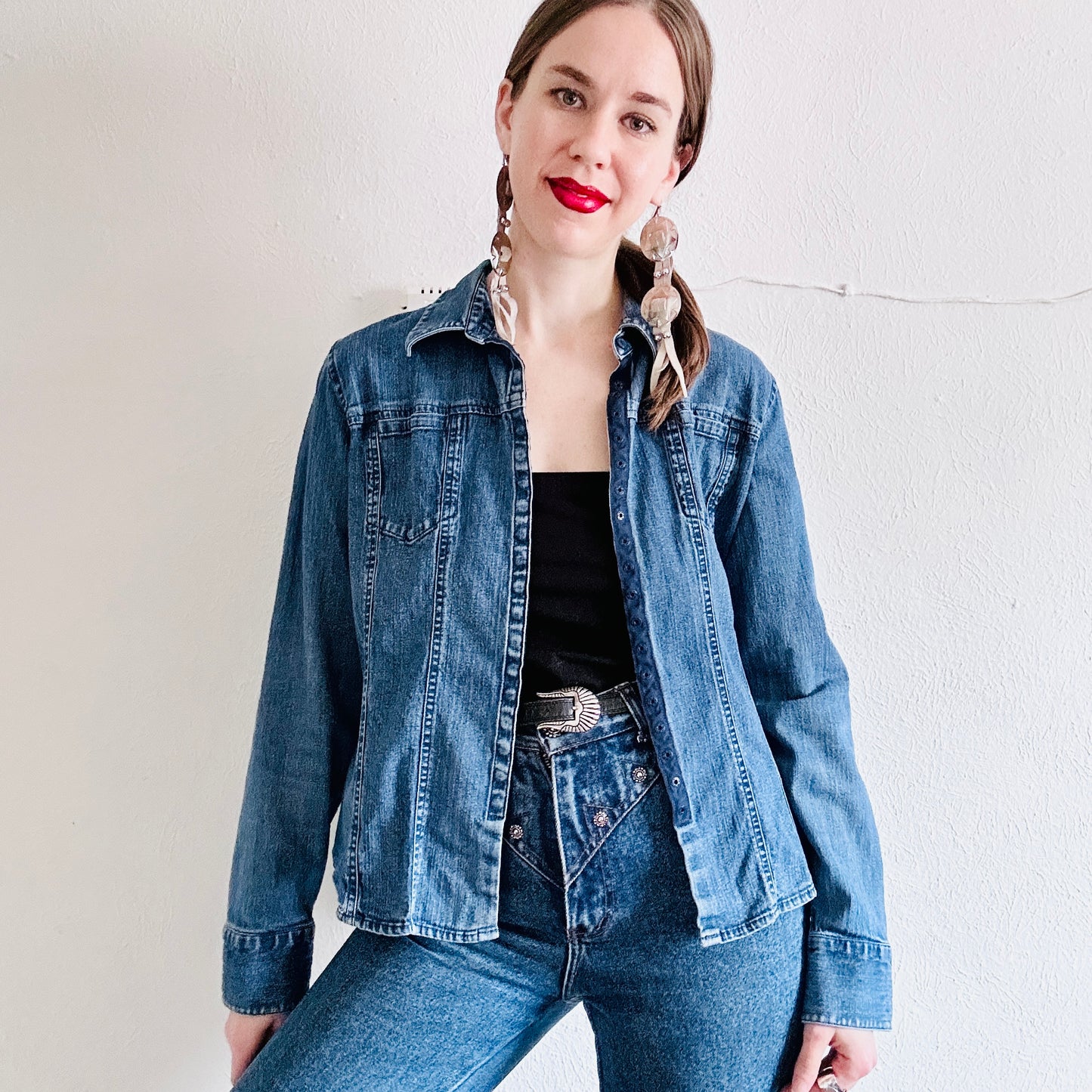 Y2K VTG DENIM LONG SLEEVE BLOUSE // SIZE LARGE