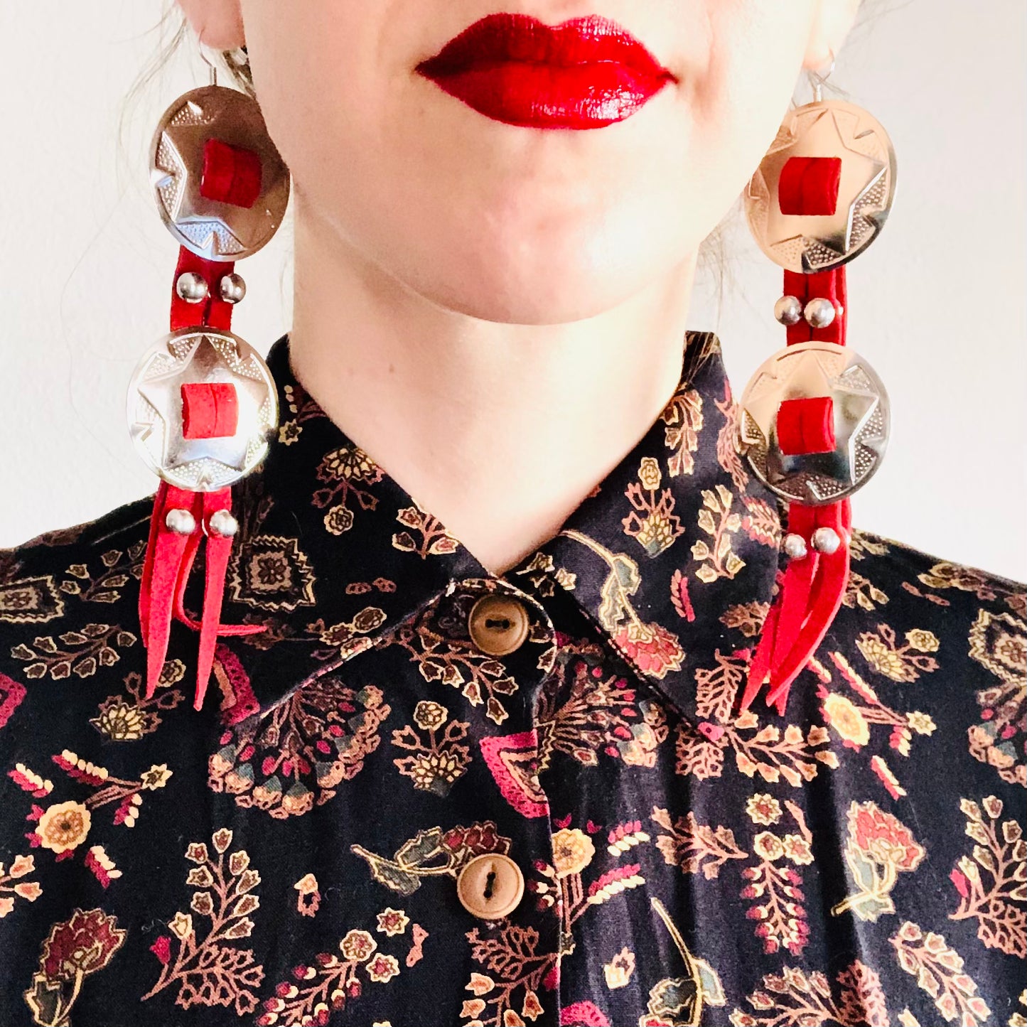 SDCV ORIGINAL HANDCRAFTED LARGE CONCHO EARRINGS // RED