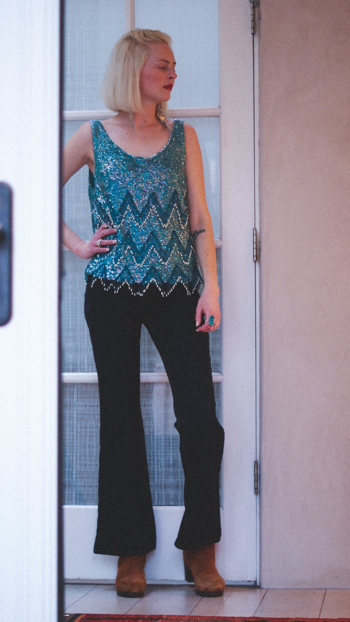 60s VINTAGE TURQUOISE SEQUINED TOP // SIZE MEDIUM