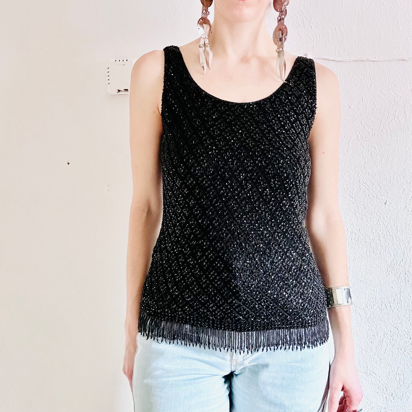 60s VINTAGE BLACK SEQUINED TOP // SIZE MEDIUM