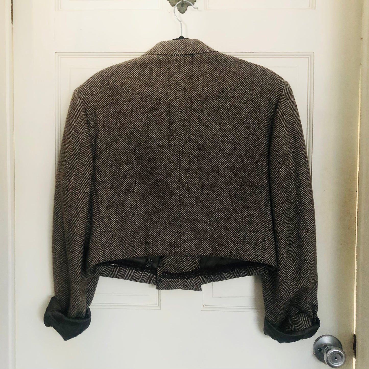 SDCV ORIGINAL WOOL BROWN HERRINGBONE CROPPED JACKET // SIZE MEDIUM/LARGE