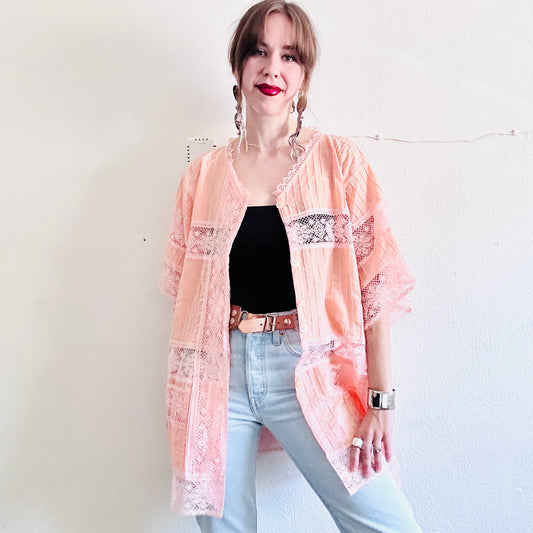 VINTAGE PINK LACE DUSTER JACKET // SIZE XL