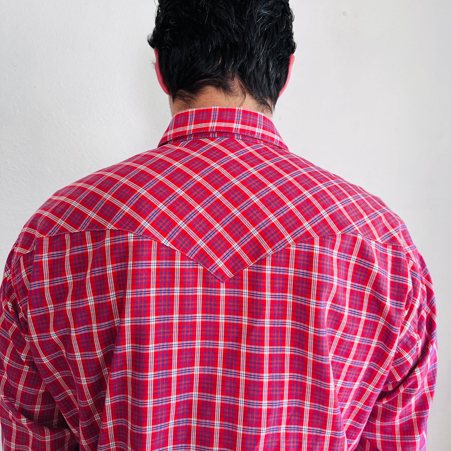 80'S VINTAGE RED PLAID WESTERN SHIRT // SIZE XL