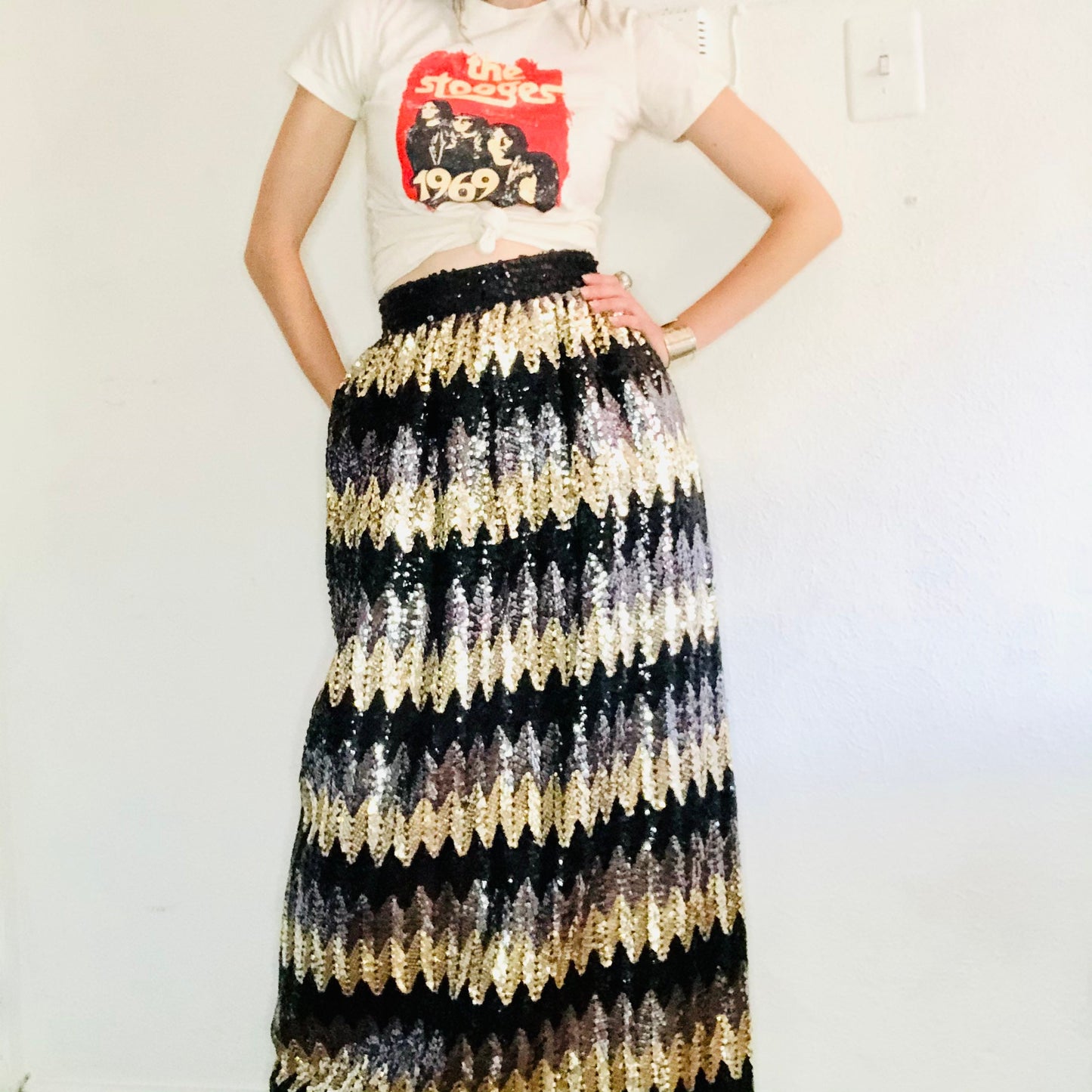 80'S VINTAGE JACK BRYAN SEQUINED MAXI SKIRT // SIZE SMALL