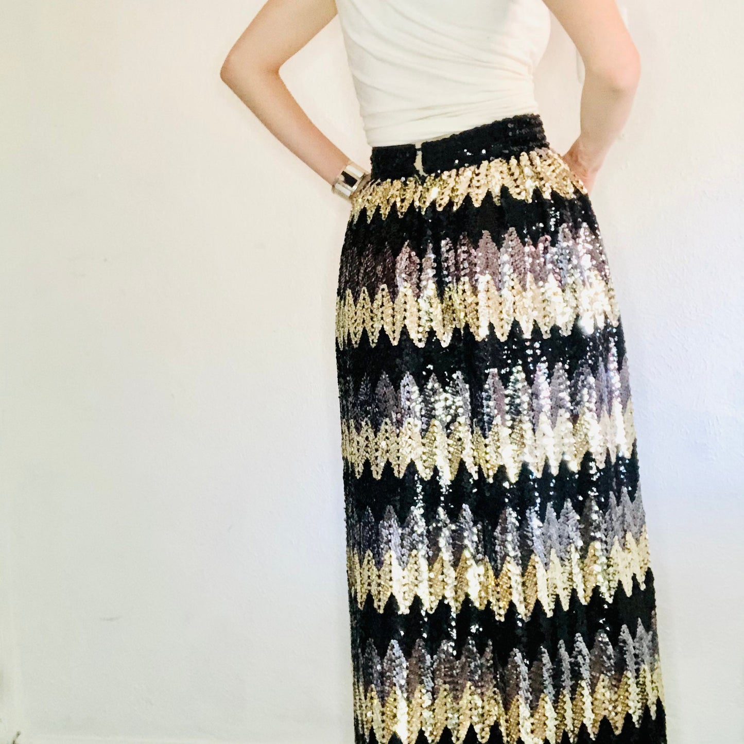 80'S VINTAGE JACK BRYAN SEQUINED MAXI SKIRT // SIZE SMALL