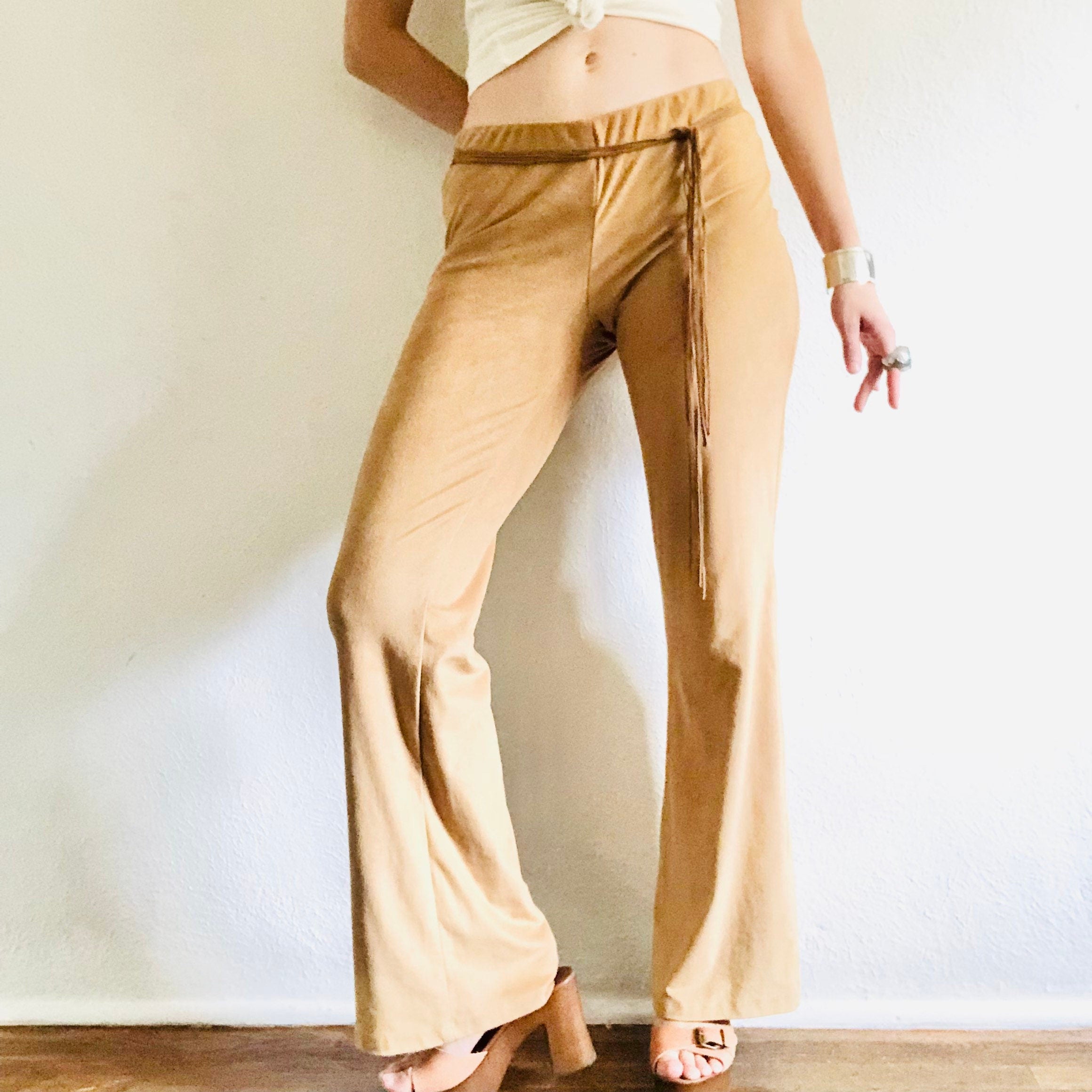 Y2K VINTAGE ULTRASUEDE FRINGE FLARE PANTS // SIZE MEDIUM – SANGRE