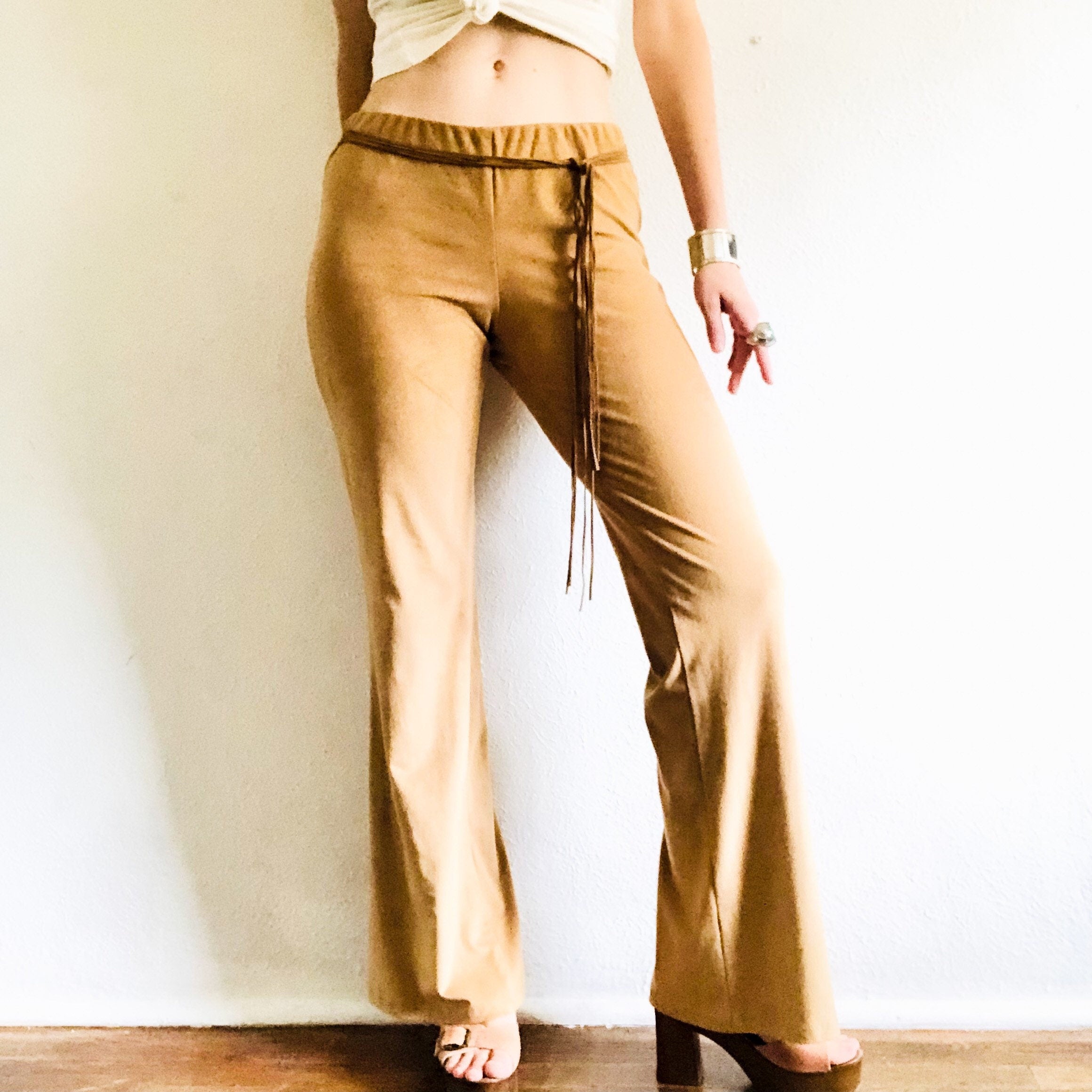 Y2K VINTAGE ULTRASUEDE FRINGE FLARE PANTS // SIZE MEDIUM – SANGRE