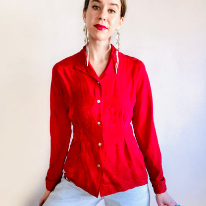 80'S VINTAGE SILK RED BLOUSE // SIZE SMALL