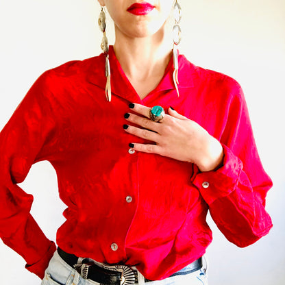 80'S VINTAGE SILK RED BLOUSE // SIZE SMALL