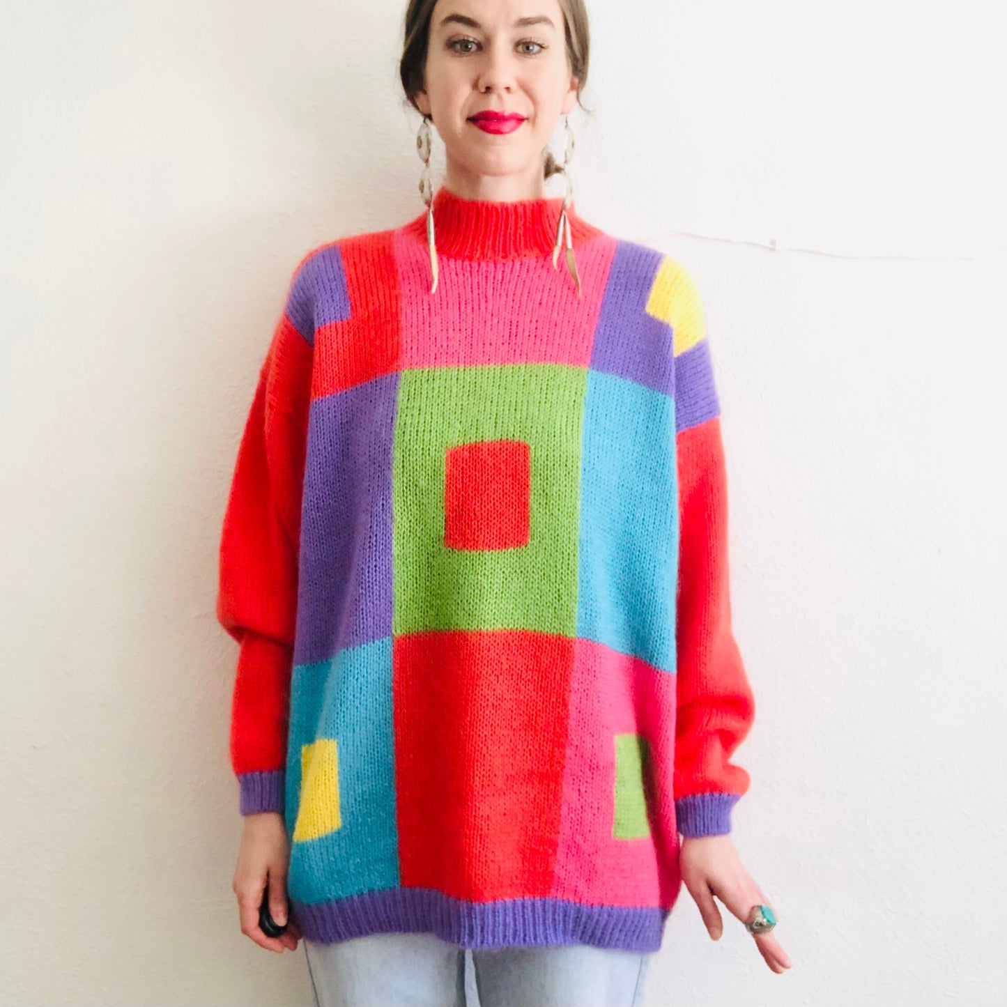 80's VINTAGE COLORBLOCK MOHAIR OVERSIZED SWEATER // SIZE LARGE