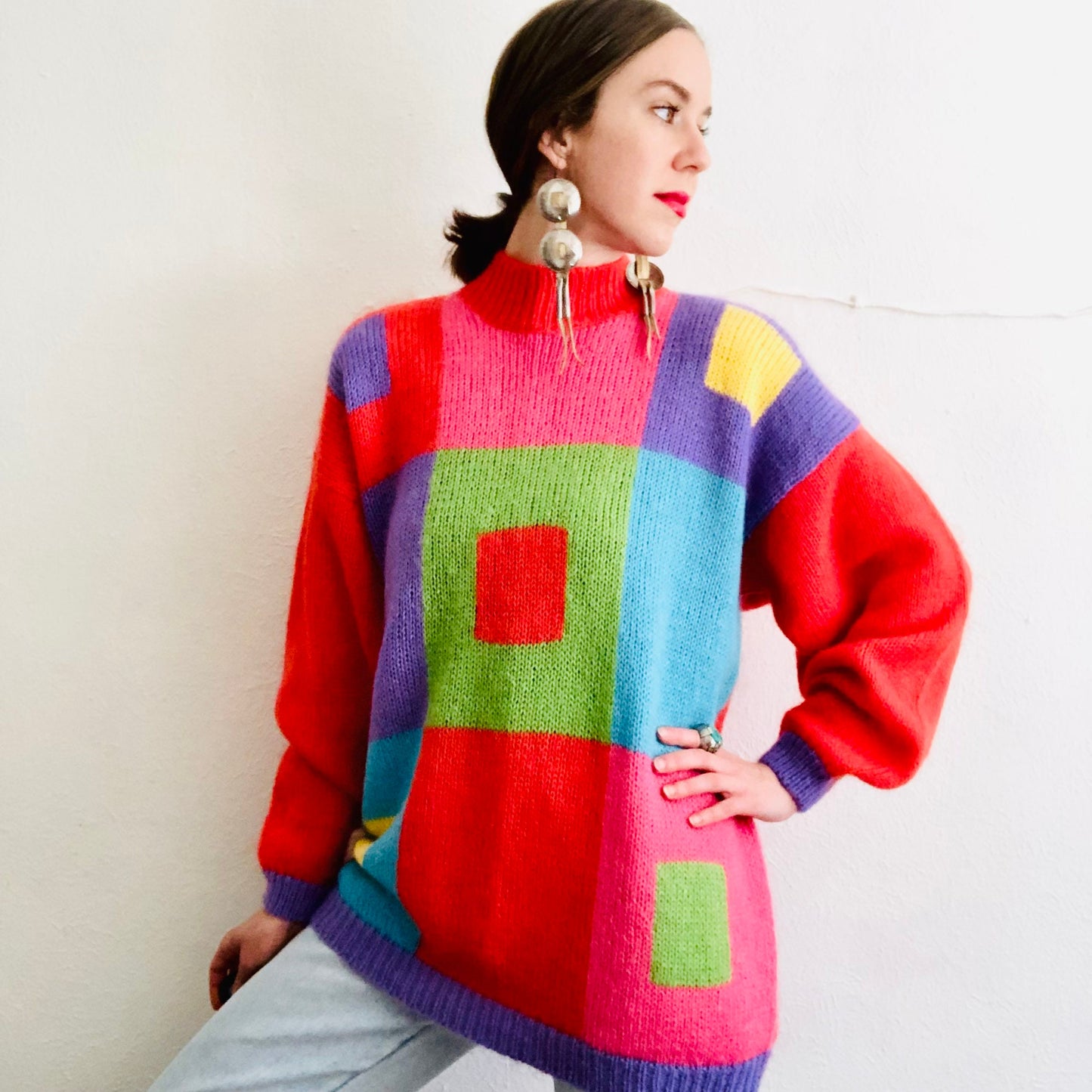 80's VINTAGE COLORBLOCK MOHAIR OVERSIZED SWEATER // SIZE LARGE