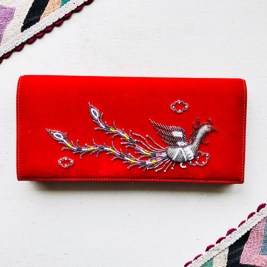 90'S VINTAGE RED VELVET CHINESE EMBROIDERED CLUTCH