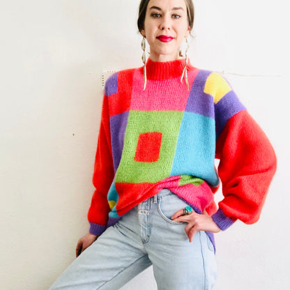 80's VINTAGE COLORBLOCK MOHAIR OVERSIZED SWEATER // SIZE LARGE