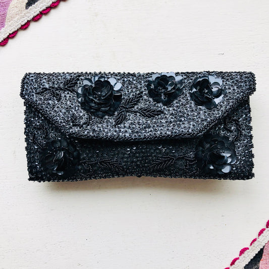 60'S VINTAGE BLACK BEADED CLUTCH