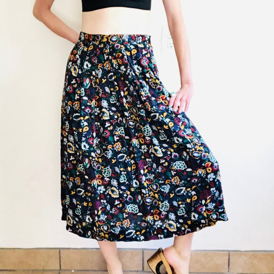 80'S VINTAGE BLACK PRINTED MIDI SKIRT // SIZE MEDIUM