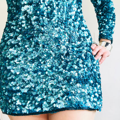 80'S VINTAGE TURQUOISE SEQUINED MICRO MINI DRESS // SIZE SMALL