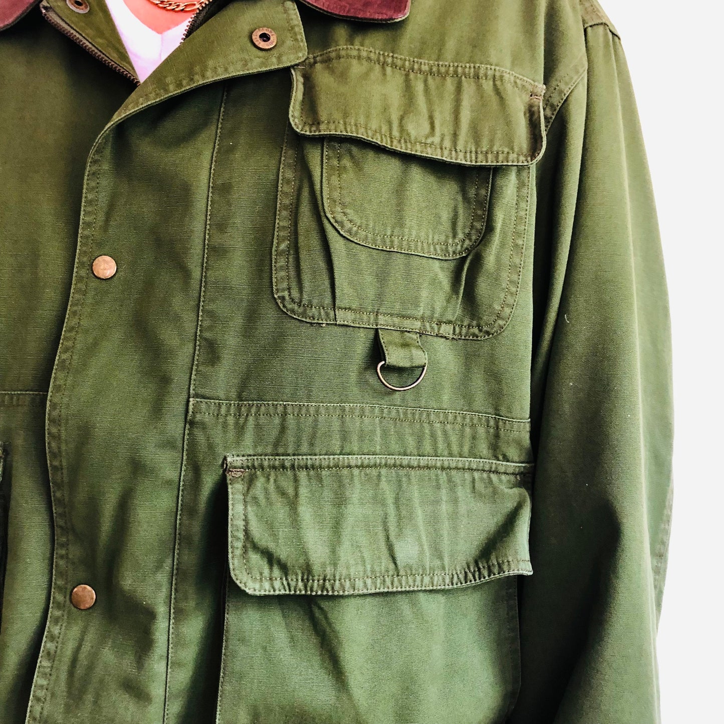 90'S VINTAGE GREEN CANVAS & LEATHER UTILITY HUNTING JACKET // SIZE LARGE