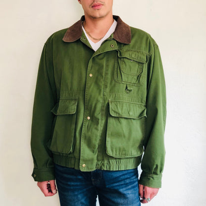 90'S VINTAGE GREEN CANVAS & LEATHER UTILITY HUNTING JACKET // SIZE LARGE