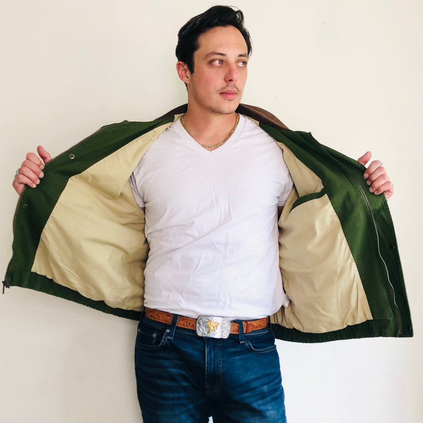 90'S VINTAGE GREEN CANVAS & LEATHER UTILITY HUNTING JACKET // SIZE LARGE