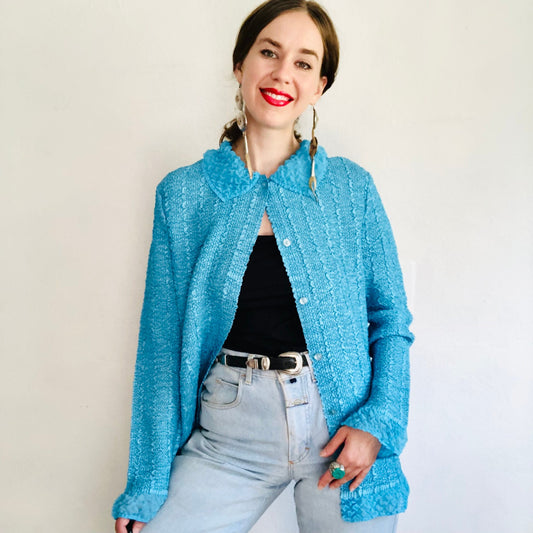 90'S VINTAGE TURQUOISE CRINKLY JACKET BLOUSE // SIZE LARGE