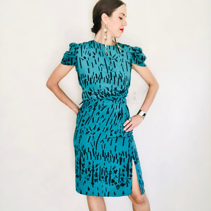 80'S VINTAGE TURQUOISE PRINTED COWL DRESS // SIZE SMALL